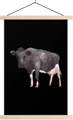 Produktbild von MuchoWow® Textilposter Kuh - Illustration - Schwarz 60x90 cm mit holzfarbenen Rahmen - Textil