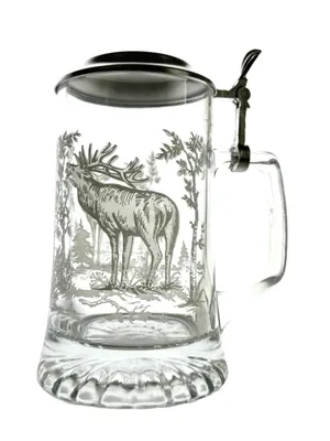 Produktbild von Glas-Bierkrug mit Hirsch-Motiv und Zinndeckel 0,4 l – Geschenk für Jäger und Bierliebhaber