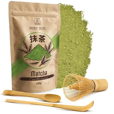 Produktbild von Mary Rose - Matcha Tee Set Pulver 100g - mit Bambus Chasen Besen, Chashaku und Löffel - Traditionelles Set Für Teezeremonie