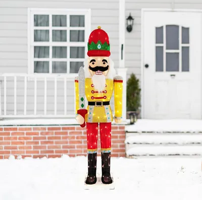 Produktbild von GOPLUS 166 cm LED Nussknacker, Weihnachtsfigur mit Metallsockel & Befestigungspflöcken, wetterfeste Weihnachtsdekoration für drinnen und draußen, bunt