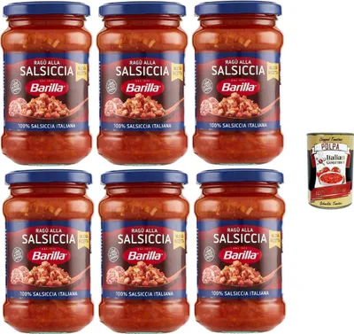 Produktbild von Barilla Ragù alla Salsiccia, Italienische Wurstsoße, 6 x 300g Gläser, + Italian Gourmet polpa 400g