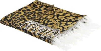 Zdjęcie produktu dla BELIANI Koc brązowo-czarny akryl polyester 130 x 170 cm w panterkę z frędzlami narzuta do salonu sypialni styl nowoczesny