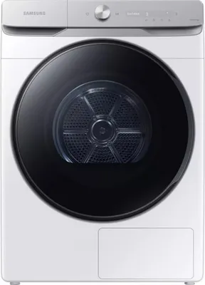 A front view of a white Samsung washing machine with a black door.