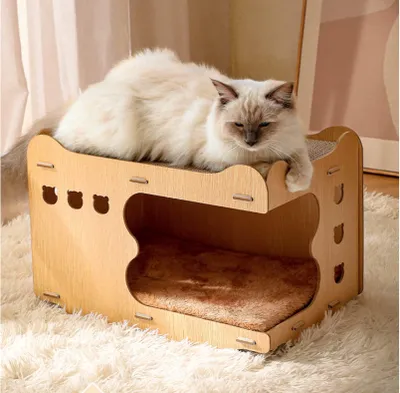 Produktbild von Katzenhaus aus umweltfreundlichem Holz mit Kratzbrett - XXL Katzenbett mit Plüschunterlage
