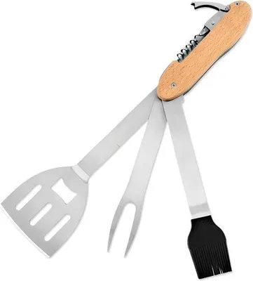 Produktbild von Rostfreier BBQ-Multitool, opvoubar, multifunktionales Grillgerät mit Spatel, Krümelbesen, Fleischgabel, Flaschenöffner, Grillbesteck, Grillzubehör