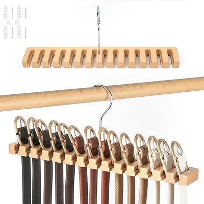 Imagen del producto de Soporte de madera para cinturones con 14 compartimentos, de 38 x 6 x 1,8 cm, que ahorra espacio y es ideal para cinturones y corbatas
