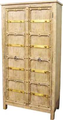 Produktbild von Marrakesch Boho Kleiderschrank Schrank in Weiß aus Holz massiv 185cm | Highboard Mehrzweckschrank Bilel für Wohnzimmer Flur und Schlafzimmer als Orientalische Möbel | Aktenschrank für das Büro