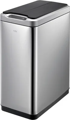 A stainless steel trash can with a black lid and control panel.