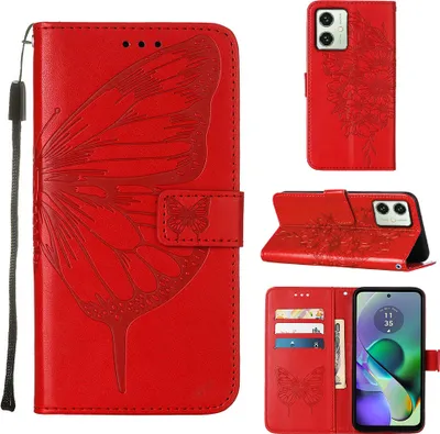 Obrázek produktu pro Pouzdro pro Motorola Moto G54 Motýlí Reliéf Flip Kožené Pouzdro s Kapsami na Karty a Stojánkem červené