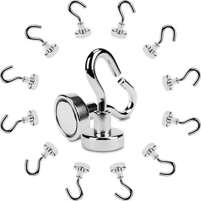 Produktbild von Famanu Neodymium Magneten mit Haken - 8 kg Tragkraft - 12er Set