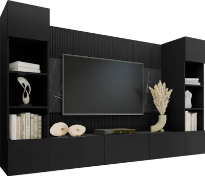 Produktbild von MIRJAN24 Wohnwand Deromi I, Wohnzimmer Möbel Set, Griffloses Öffnungssystem push to open, 4er-Set (Farbe: Schwarz / Schwarz + Schwarz Marmor)
