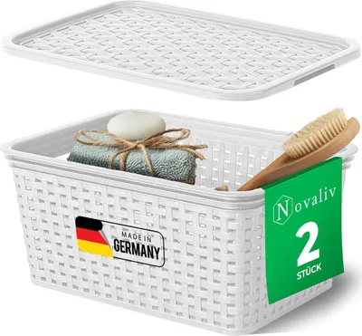 Produktbild von Novaliv 2er Set Eleganter Aufbewahrungskorb mit Deckel in Rattan-Optik | Weiß Lebensmittelecht Kunststoff 5L – Perfekt für Bad & Kleidungsaufbewahrung. Aufbewahrungsbox Badezimmer Körbchen.