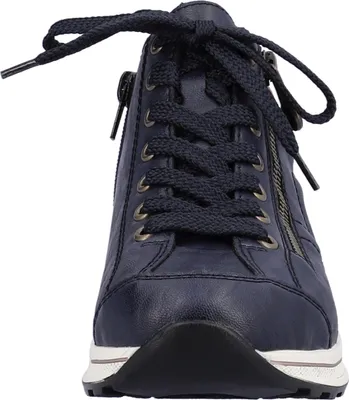 A close-up front view of a blue high-top sneaker.
