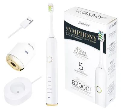 Produktbild von VITAMMY Symphony White Schallzahnbürste | 45 Tage pro Ladung | Weiß | 5 Bürstenmodi | Bis zu 82.000 Bewegungen/min | USB Induktionsladegerät