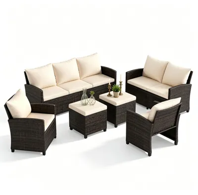 Produktbild von KOMFOTTEU Wetterfeste Polyrattan Gartenmöbel für 7 Personen, Outdoor Lounge Set mit Dreisitzer, Zweisitzer, 2 Sesseln & 2 Hockern, wetterfeste Sitzgruppe mit dicken Kissen für Terrasse, Hinterhof & Garten