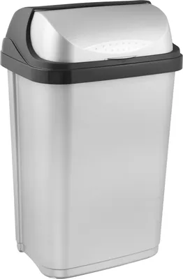 A silver and black roll-top trash can is shown against a white background.