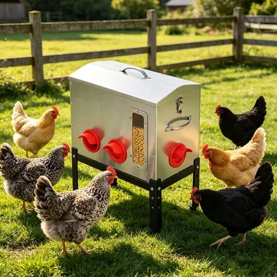 Zdjęcie produktu dla Automatyczny podajnik do karmy dla kur ISOISL, pojemność 18 kg / 40 funtów, wykonany ze stal ocynkowana, 6 otworów na karmę, podajnik z okienkiem umożliwiającym obserwację poziomu karmy, rączka, indywidualne korki oraz regulowana wysokość