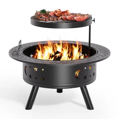 Produktbild von Bealife Feuerschale mit Grillrost und Schürhaken, Ø91 cm Feuerschalen für den Garten, Multifunktional Feuerkorb mit Schürhaken für den Garten, Schwarz