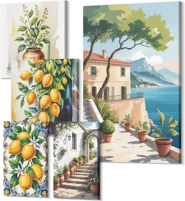 Obrázek produktu pro Obrazy Na Plátně – 5-Dílná Sada – Polycanvas – Moderní Obrazy – Dekorace Na Zeď – Do Obývacího Pokoje – Abstraktní Obrazy – 2x 30x30 cm + 2x 20x30 cm + 1x 40x60 cm – Středomořské krajiny s citrusovými plody a vegetací