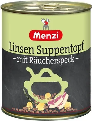 Produktbild von Menzi  Linsen Suppentopf 800 G Dose mit Räucherspeck verfeinert Tafelfertig Proteinquelle Ohne geschmacksverstärkende Zusatzstoffe