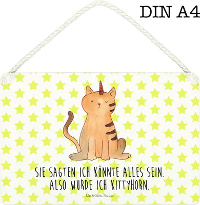 Produktbild von Mr. & Mrs. Panda Schild Einhorn Katze DIN A4 - Weiß - Geschenk, Regenbogen, Glitzer, Mieze, Unicorn, kleine aufmerksamkeit, Türschild, Wandbild Holz, Deko, sprüche