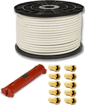 Produktbild von PremiumX DELUXE PRO 100m SAT Koaxialkabel Antennenkabel Koaxkabel Koax Kabel + Universal Abisolierer + 10x F-Stecker 8mm mit Dichtring