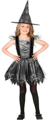Hexenkostüm Luna für Kinder in Schwarz-Grau mit Spinnennetz-Kleid und passendem Hexenhut, frontal auf weißem Hintergrund.