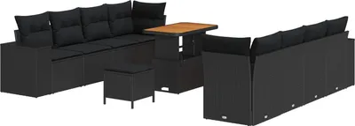 Image de Ensemble de canapé de jardin modulaire 11 pcs, polyrotin et acacia massif, table convertible réglable, 10 places, coussins déhoussables, noir