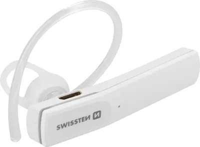 A white Bluetooth headset with a clear ear hook is shown against a white background.