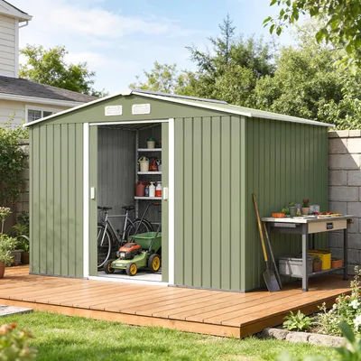 Imagen del producto de Caseta de jardín Sweiko con puertas correderas, dimensiones 2,77 x 1,95 x 1,92 cm, fabricada en metal, color verde claro