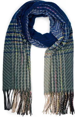 Produktbild von styleBREAKER Damen Feinstrick Schal mit bunt gestreiftem Zick-Zack Muster und Fransen, warme Winter Stola mehrfarbig 01017149