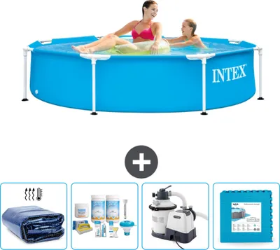 Produktbild von Intex-Schwimmbecken mit rundem Rahmen – 244 x 51 cm – Blau – im Lieferumfang enthalten Sonnensegel - Wartungspaket - Filterpumpe für Schwimmbad - Bodenfliesen
