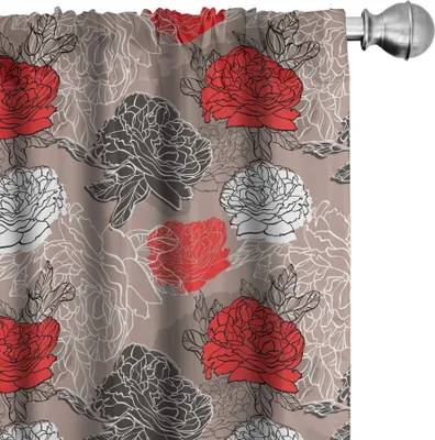 Produktbild von ABAKUHAUS Rot und Schwarz Vorhänge, Gardinen, Blühende Pfingstrosen Vintage botanische Zusammensetzung abstrakte Blütenblätter und Knospen, 2 Stück 75 x 175 cm, Mehrfarbig