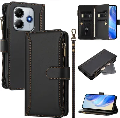 Image de Etui pour Xiaomi Redmi Note 14 5G/Poco M7 Pro 5G, zippé, étui portefeuille en cuirPolyuréthaneavec poches pour cartes, support et dragonne noir