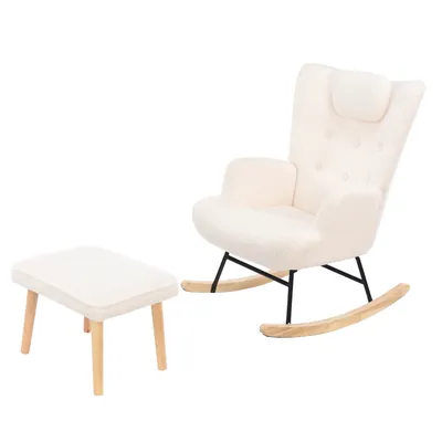 Produktbild von CDGlobal Schaukelstuhl Schwingsessel mit Hocker, Relaxsessel mit Leinenoptik, Schaukelsessel bis 130 kg Belastbarkeit für Schlafzimmer