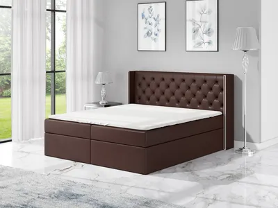 Produktbild von Boxspringbett BARO 120x200 mit 2 Bettkästen, Bonell-Matratze und Topper. Dekorative Stifte an den Seiten der Kopfstütze. Bett Komplett-Set mit Matratze,Bettkasten & Kopfteil. Stoff Eko Cayenne. Elegantes Bett mit massives Kopfteil.