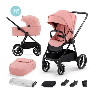 A pink Kinderkraft NEA 2-in-1 stroller is shown with its bassinet attachment and various accessories, displayed against a white background.
