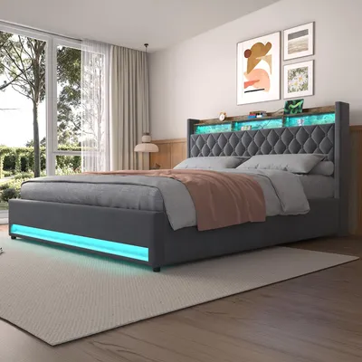 Obrázek produktu pro okwish polštářová postel 180×200 cm s LED osvětlením, USB a zásuvkami, úložná postel s čelem a policí, pohodlná postel do ložnice, šedá, bez matrace