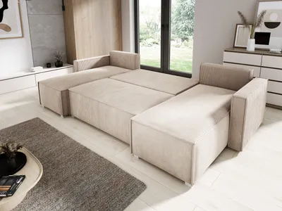 Obrázek produktu pro Obývací část ve tvaru U Šňůra NOEMI 145x300 cm, rohová pohovka ve tvaru U Béžová s funkcí spaní a lůžkem, pohovka XXL, pohovka ve tvaru U, čalouněný roh - PS 02