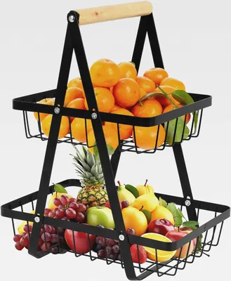 Produktbild von Obst Etagere 2 Stöckig, Metall Schwarz Obstschale Etagere mit Holzgriff, 2 Etagen Obstkorb Etagere mit Griff für Obst, Gemüse, Snacks zu Hause, Küche, Büro, Obst und Gemüse Aufbewahrung