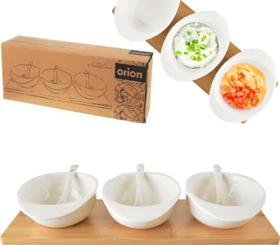 Produktbild von Orion Porzellanschälchen Snackschälchen Snackschalen aus Porzellan auf Tablett weiß WHITELINE 32 cm 7 El.