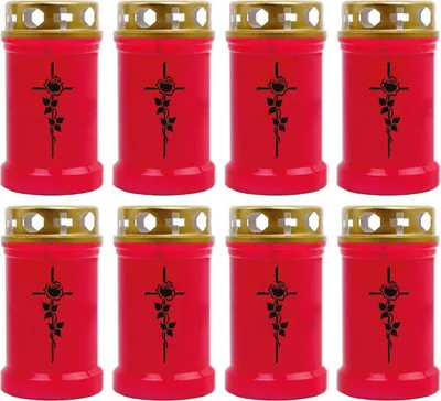 Produktbild von Grabkerze Rot 8er Pack, Brenndauer: 40 Stunden ( je Kerze ), Motiv: Rose Kreuz