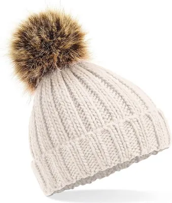 Zdjęcie produktu dla Dzianinowa czapka zimowa beżowa gruba/chunky z bobble dla dziewczynek