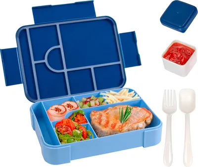 Produktbild von Bento-Lunchbox, auslaufsicher, 6-Fächer-Lunchbox mit Löffel, Gabel, Soßenbecher, BPA-freier Lebensmittelbehälter für die Schule, Snackbehälter