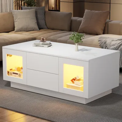 Obrázek produktu pro MODFU, konferenční stolek s vysokým leskem, rozměry 100 x 50 x 40 cm, stolek k pohovce s RGB LED osvětlením, bílý obývací stolek s 2 zásuvkami a 2 skříňkami