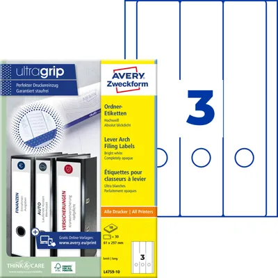 Image de Avery Zweckform L4759-10 Étiquettes de classeur, 61 x 297 mm, 10 feuilles/30 étiquettes, blanc