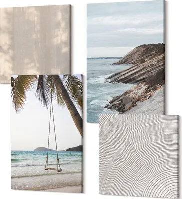 Obrázok produktu pre Obraz na plátne – Fotoplátno 4-dielny set – Prémiová kvalita – Rám z dreva – Matné plátno – 2x40x40 cm + 2x40x60 cm – Moderný dizajn – Letný piesok a pobrežie s výhľadom na letnú krajinu