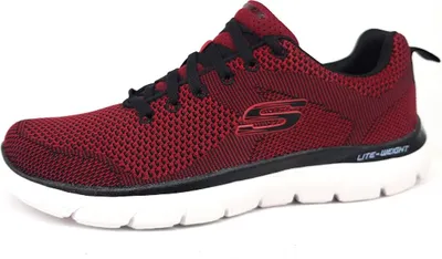 A side view of a red Skechers sneaker with black laces and a white sole.