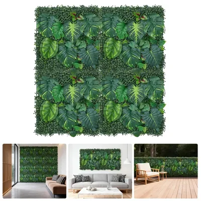 Zdjęcie produktu dla Panele ścienne z roślin sztucznych - zestaw 4 sztuk. Sztuczna żywopłot - 50x50 cm. Kompozycja liści monstery i pilei. Osłona, płot, dekoracja na balkon lub taras - kolor zielony