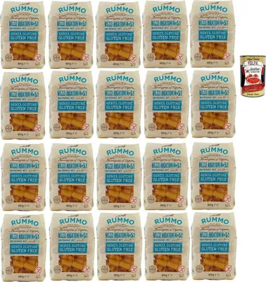 Produktbild von Rummo Pasta Nudeln Glutenfreie Mezzi Rigatoni N° 51, Bronze Gezeichnete gluteinfrei, perfekt für Menschen mit Zöliakie oder Glutenunverträglichkeit, 20x 400 g + Italian Gourmet polpa 400g